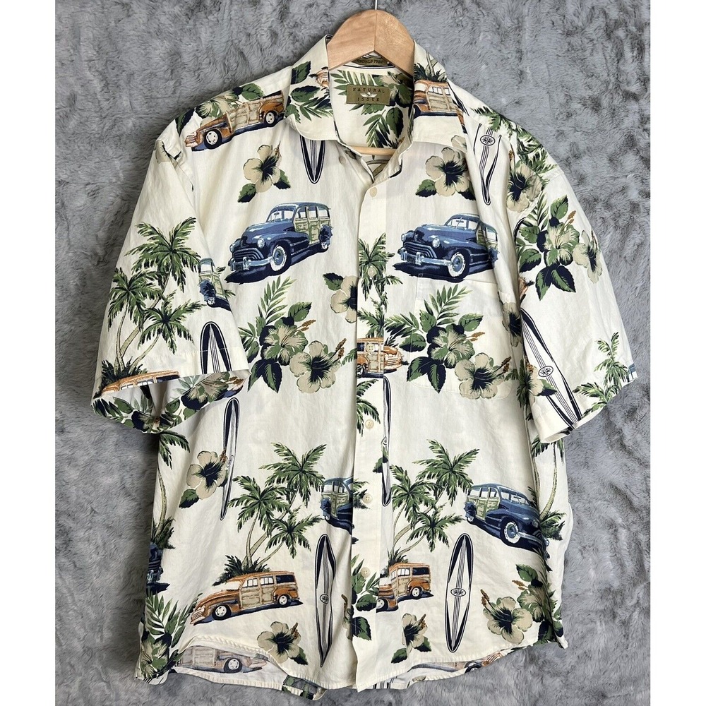 Vtg Natural Issue Mens Hawaiian Camp Shirt Woody Car Aloha Print Short Sleeve XL